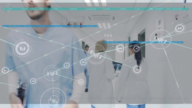 Medical team escorting patient on crutches for care, examining tablet and causing HUD nodes to show