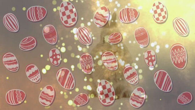 Bokeh rising and causing red-white eggs drifting and rotating golden glow warming festive scene