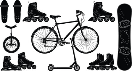Recreational transportation silhouette vector illustration, bicycle and skate graphics, sport equipment drawing collection, black and white leisure art - flat vector illustration © TOMSINA