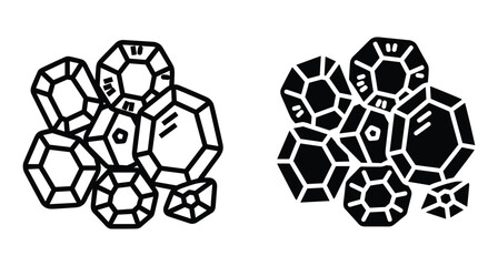 Obraz premium Gemstone crystal cluster icon set featuring outline and solid black silhouette styles for jewelry design mineral wealth treasure and geometric decoration