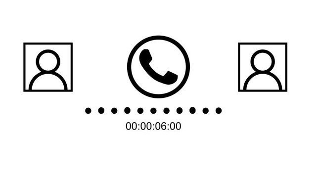 Animated call screen showing connected conversation with two participants. Two callers on phone with conversation timing graphic. Graphic showing phone conversation between two callers with timer.