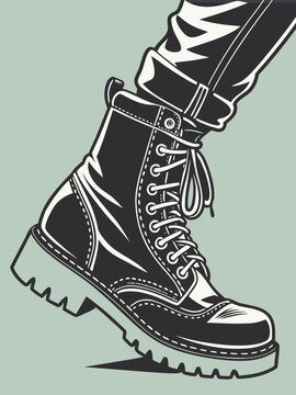 Close up of a person wearing a stylish combat boot black and white illustration.
