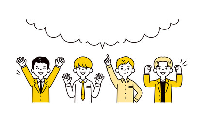 大きな吹き出しと、若い元気な複数の男性社員・サラリーマンの上半身ベクターイラスト素材セット