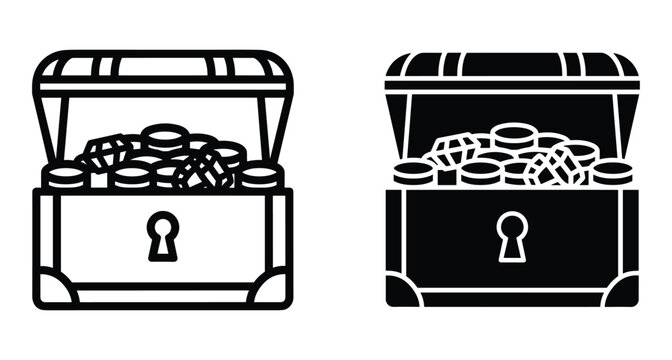 Treasure chest icon set with open lid containing gold coins and diamonds in outline and solid black glyph style for games