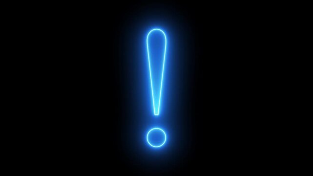 Blue neon exclamation point glowing against a dark black background. Bright neon exclamation point against dark background. Glowing neon exclamation mark.