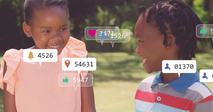 Two children smiling in park, alerts appearing from right and growing showing social media interest