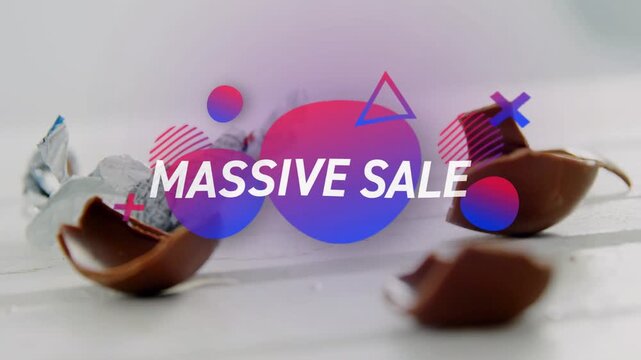 Promo overlay fading in, broken milk-choc shells shifting, icons pulsating promoting MASSIVE SALE