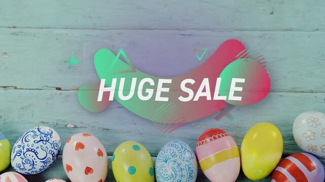 On load central gradient sliding and fading icons moving eggs rising bold text announcing HUGE SALE