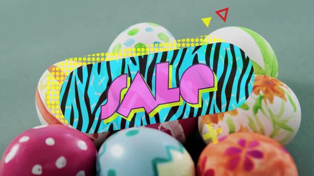 On scene zebra-print panel appearing over eggs, filling with SALE text, pulsing to promote sale