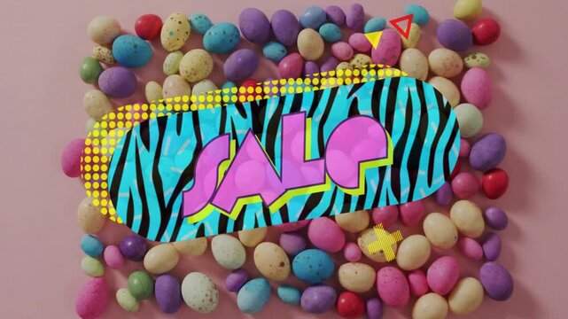 Teal zebra oval appearing revealing SALE letters halftone sweeping over pastel eggs announcing sale
