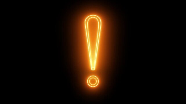 Glowing neon exclamation mark on black background animation loop. Glowing neon punctuation mark in dark setting. Neon alert sign glowing brightly against black.