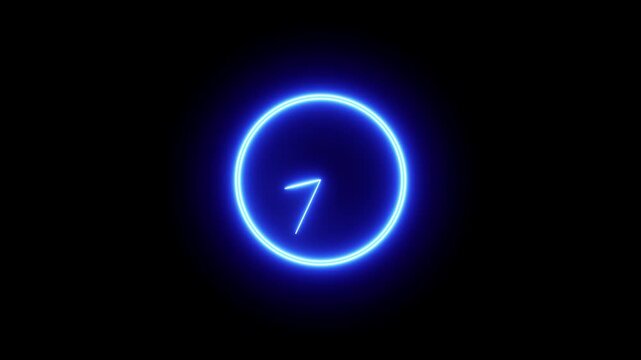 Glowing blue neon clock abstract background against a black backdrop. Glowing blue neon clock with vibrant light. Blue neon clock glowing brightly in dark.