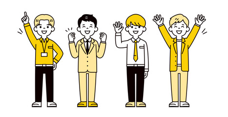 明るく元気な複数の若いビジネスマン・サラリーマンのシンプルな全身ベクターイラスト素材セット
