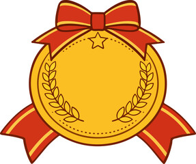 Flat Gold First Place Ribbon Badge with Laurel Wreath Vector Illustration