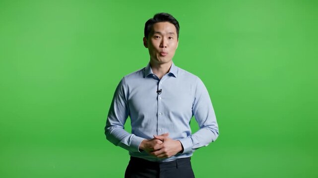 A professional Asian man delivers a confident presentation, ideal for corporate communications, online learning, or broadcasting with a chroma key bac