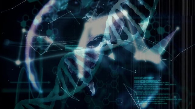 Data matrix activating DNA helix and globe emerging and rotating above palm showing genomic network