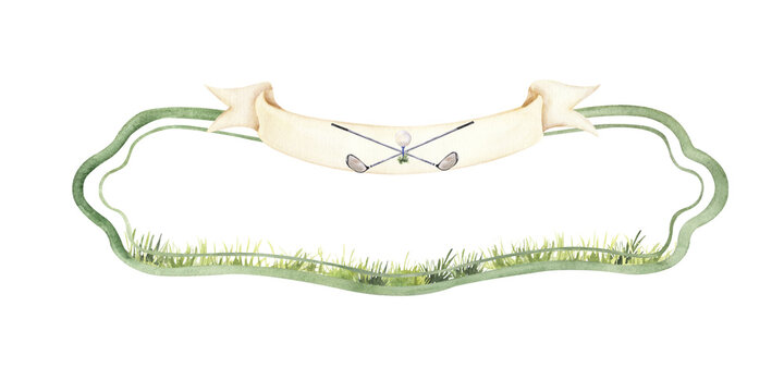 Golf Ornamental Frame with Ribbon and Grass Watercolor Illustration