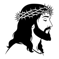Large black and white profile portrait of Jesus Christ wearing the crown of thorns in silhouette style © Camel
