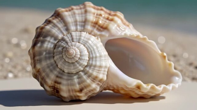 Beautiful spiral seashell on sandy beach with turquoise ocean background