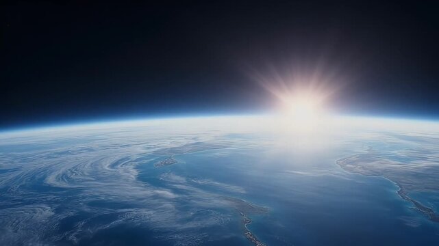 A breathtaking view of earth from space with the sun rising in distance