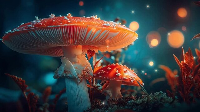 Bioluminescent mushrooms glow with an ethereal light on a moss-covered log in a dark, mysterious forest at twilight, creating a magical and mystical atmosphere.