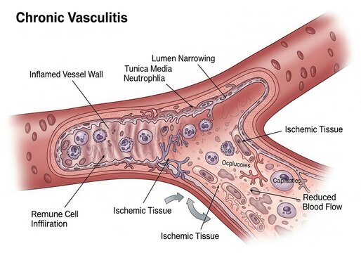 Diagram illustrating chronic vasculitis with inflamed vessel walls and lumen narrowing
