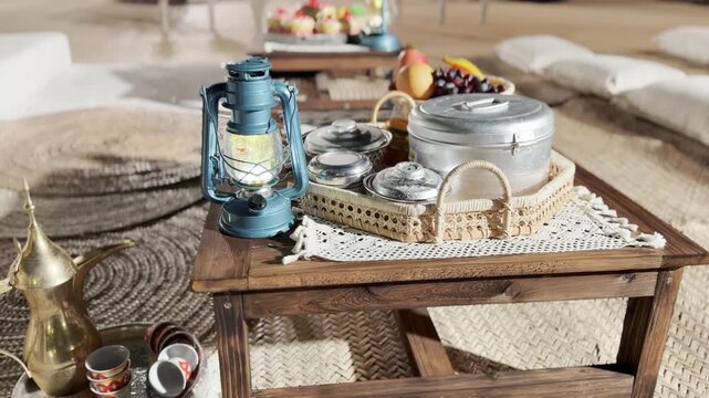 A teal Feuerhand lantern glows beside a woven basket and dallah creating a warm traditional Middle Eastern gathering scene.