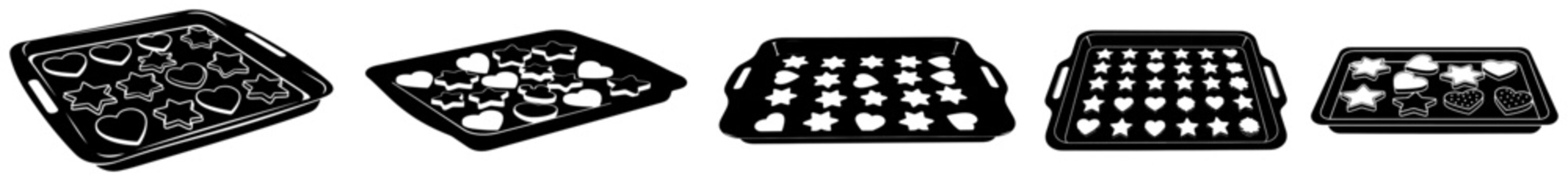 Collection of baking tray silhouettes with various shaped homemade cookies