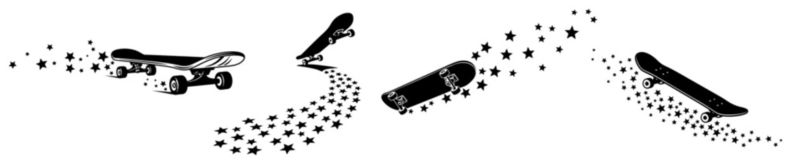 Set of skateboard silhouettes with motion trails, skateboarding tricks and movement concept © Camel