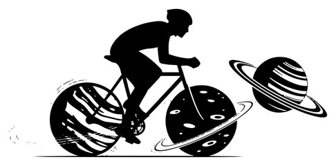 Surreal vector silhouette of a cyclist riding with planet wheels through deep space © Camel