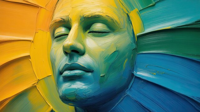 Artistic Impression of a Serene Face Formed by Thick Textured Oil Paint Strokes in Teal and Yellow