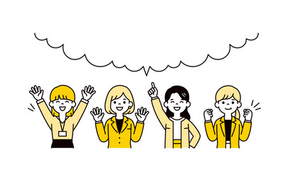 大きな吹き出しと、明るく元気な表情・ポーズの複数の若い女性の上半身ベクターイラスト素材セット