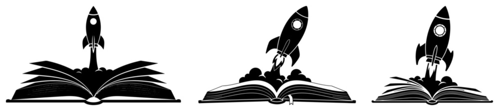 Space rockets launching from open books representing the power of education and imagination