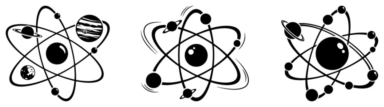 Set of atomic models with planets as electrons representing physics and solar system astronomy
