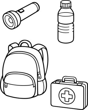 Emergency Preparedness Kit with Backpack Flashlight Water Bottle and First Aid Box Cartoon Coloring Page Outline Illustration