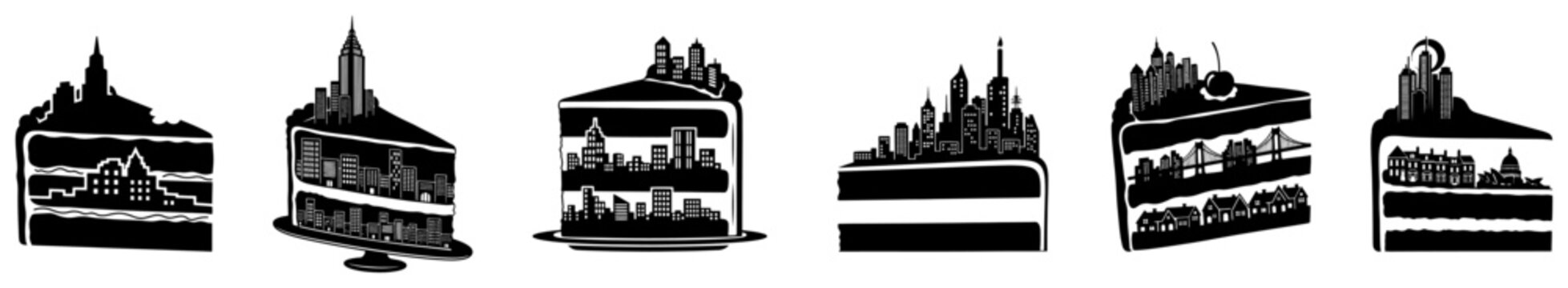 Set of cake slices topped with detailed cityscapes and urban buildings in black and white vector style
