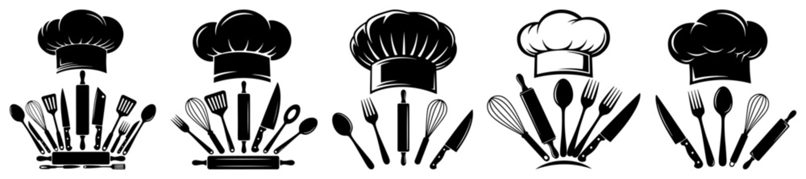 Chef hat icons combined with various kitchen tools and cooking utensils