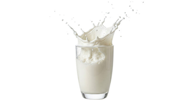 A glass of milk with a splash of liquid isolated on transparent background