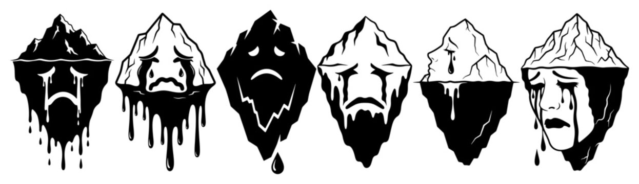 Melting icebergs with sad crying faces illustrating the global warming climate crisis