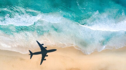 Fototapeta premium Vacation escape aerial view plane shadow over turquoise beach serene summer travel photography evokes wanderlust