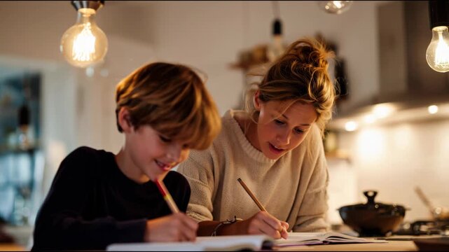 Loving mother assisting her young son with his schoolwork in a warm and inviting kitchen