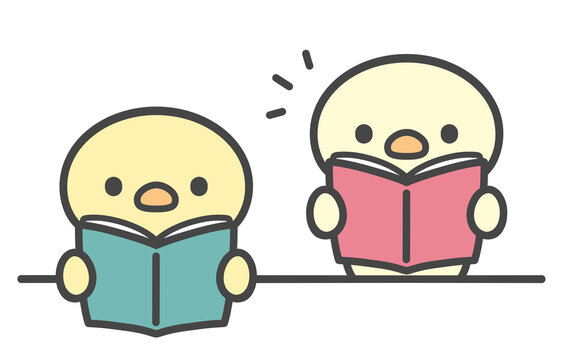 本を開いて座るひよこと起立して音読するひよこの手書きイラスト  授業中の読書と発表の対比