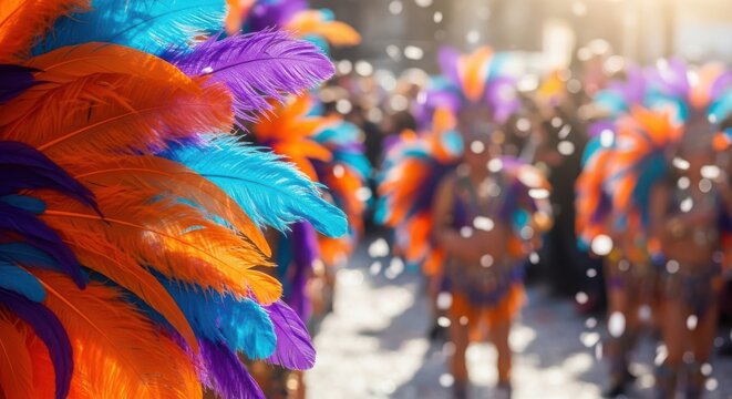 Vibrant feathers shine in parade with colorful costumes and confetti