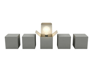 Bright light bulb illuminating from an open gray box, standing out among four closed identical gray boxes in a row on a clean white background, symbolizing innovation, creativity