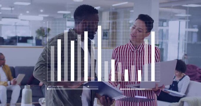 Two coworkers in open office, chart HUD animating, slider moving, spurring business data discussion