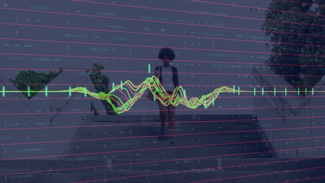 Woman starting down roof stairs, waveform growing across magenta grid and hiding torso, tech demo