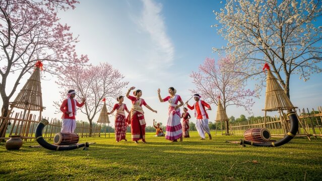Vibrant traditional Indian dancers performing outdoors in colorful attire on bihu festival