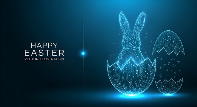 Happy easter background in digital tech style. Concept for greeting card with bunny and easter egg. Futuristic vector illustration with light effect