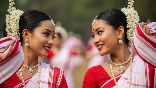 Two smiling Indian dancers in traditional red and white attire performing on bihu festival