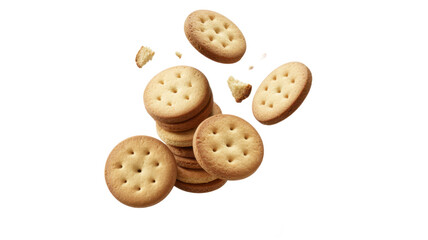 Obraz premium Stack of round biscuits with holes floating in air isolated on a transparent background
